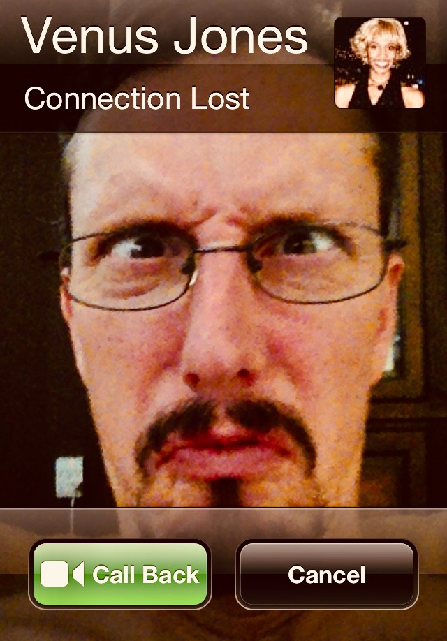 An iPhone screenshot of a disconnected FaceTime call. Steve is making a funny frown and crossing his eyes.